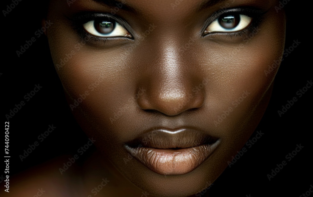 A close-up view of a womans face prominently displaying her striking blue eyes A close-up view of a womans face prominently displaying her striking blue eyes