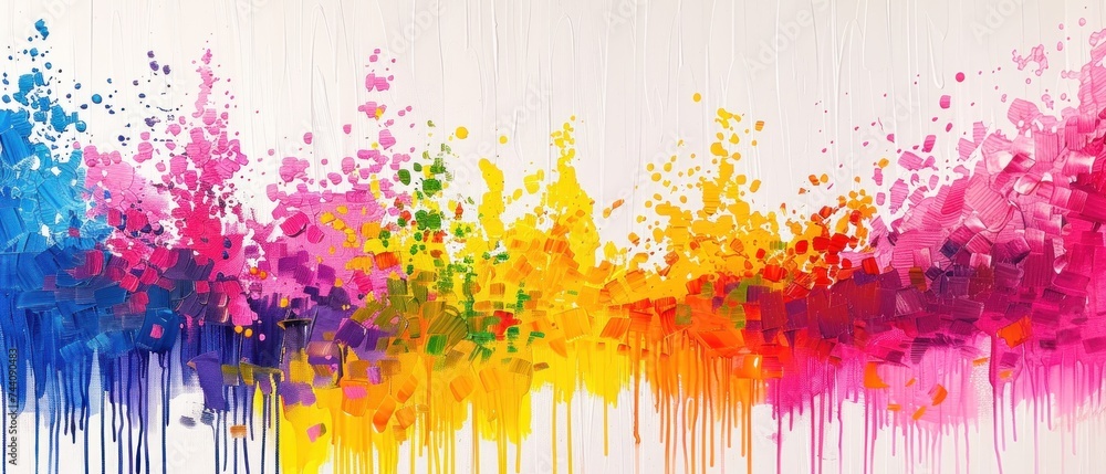 a painting of multicolored paint splattered on a white background with a white wall in the background.