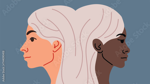 Multinational peoples portrait - black and light skinned girls. Еwo faces looking in opposite directions. Vector flat illustration.