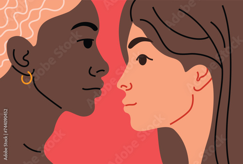 Multinational peoples portrait - black young man with earring and light skinned young woman. Two faces opposite each other. Vector flat illustration.