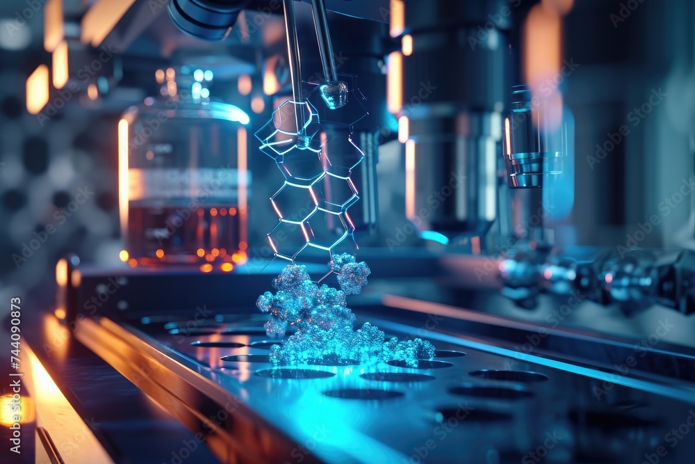 A large industrial machine is hard at work processing a substance, showcasing its efficiency and precision, Nanofluidics in chemical reactions, AI Generated - obrazy, fototapety, plakaty 