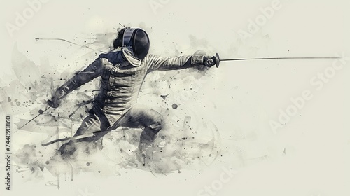 Illustration of an athlete in a fencing suit, protective helmet with a foil in his hand in action on a white background with space for text. Sports, competitions, professional skills, achievements. photo