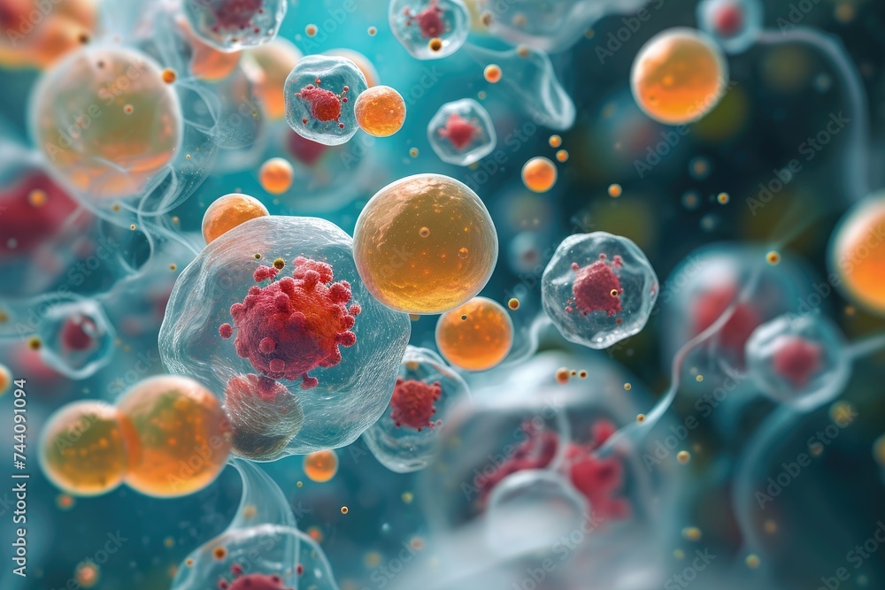 A collection of red and yellow bubbles floats freely in the air, Nanoparticles in action in drug delivery, AI Generated A collection of red and yellow bubbles floats freely in the air, Nanoparticles in action in drug delivery, AI Generated
