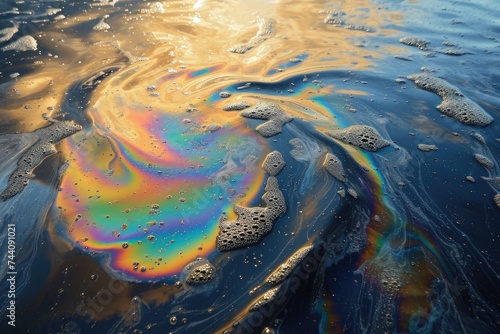 A vibrant and multi-colored substance drifts and floats effortlessly on the surface of a body of water, Nanoparticles cleaning oil spill, AI Generated