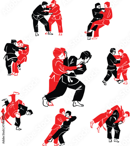 Jiu-jitsu vector tricks silhouette  men 