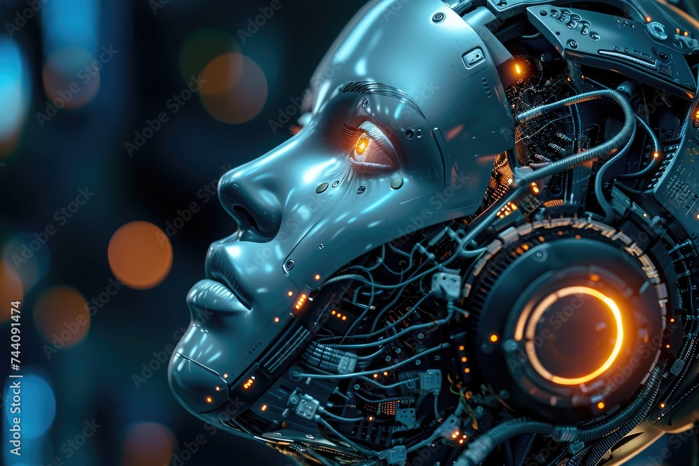 A close-up photo of a robot head featuring glowing eyes and wearing headphones, Nanotech advancements in AI, AI Generated A close-up photo of a robot head featuring glowing eyes and wearing headphones, Nanotech advancements in AI, AI Generated