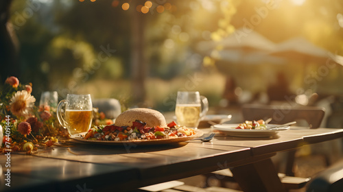 an outdoor table has food on it