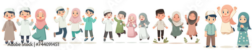Vector Muslim child character is jumping and happy photo