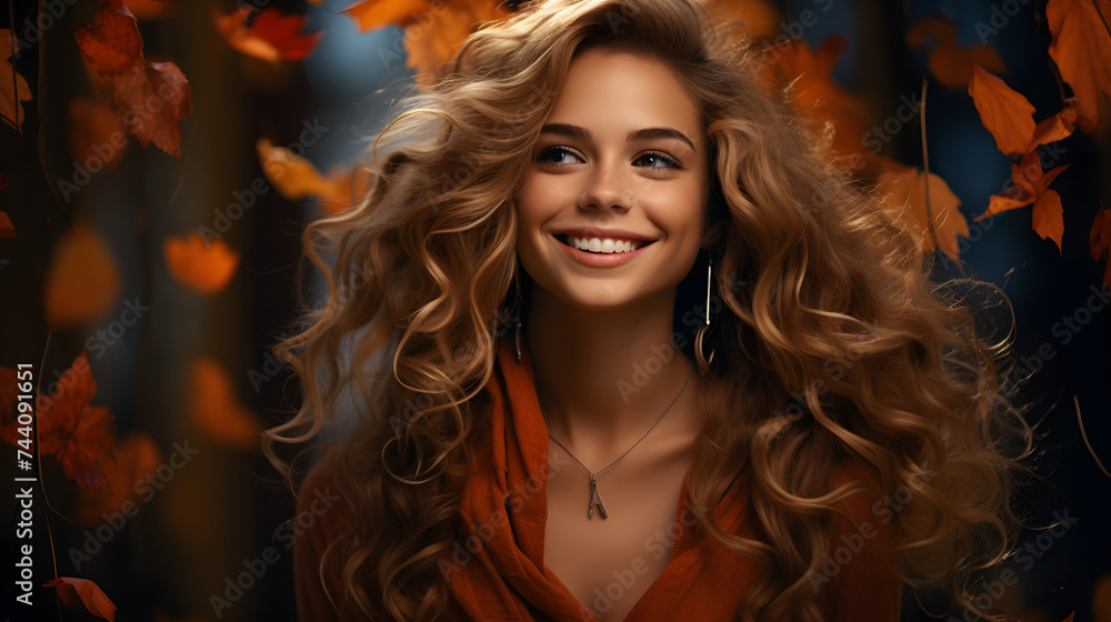 beautiful girl with earrings smiles in autumn leaves beautiful girl with earrings smiles in autumn leaves