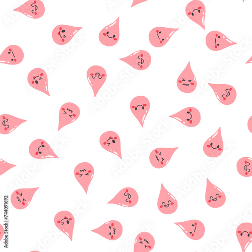 Seamless pattern with cute kawaii blood drops on white background. Hand drawn wallpaper for textile, print