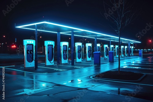 Several parking meters lined up in a tidy row on a city street, ready for public use, Nighttime view of an LED lit electric vehicle charging station, AI Generated