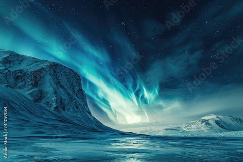 A vibrant display of aurora lights illuminating the night sky above a majestic range of snow-covered mountains, Northern Lights dancing over an icy landscape, AI Generated