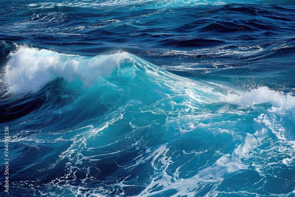 A large expanse of water with forceful waves crashing onto a sprawling shoreline, Ocean waves in different shades of blue, AI Generated