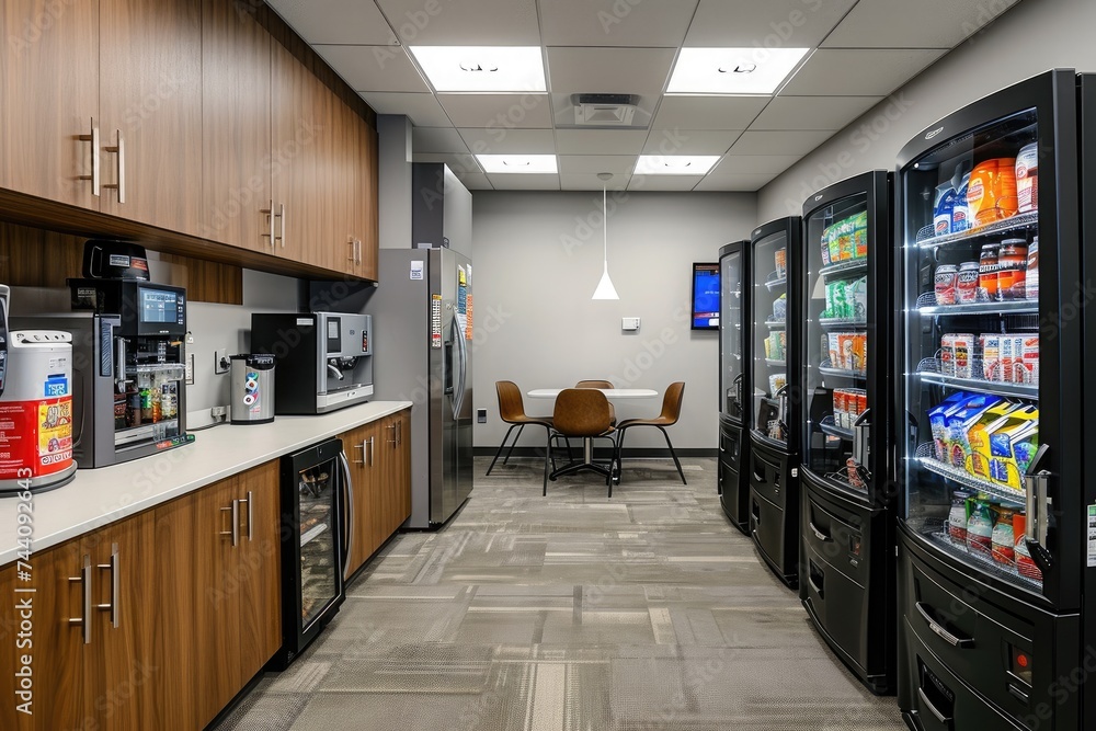 A spacious and well-lit hallway featuring a refrigerator, coffee maker, and a dining table, Office breakroom with vending machines and coffee station, AI Generated