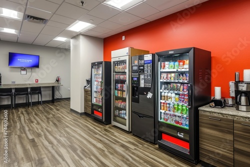 A vending machine stands in the middle of an otherwise empty room, surrounded by blank walls, Office breakroom with vending machines and coffee station, AI Generated