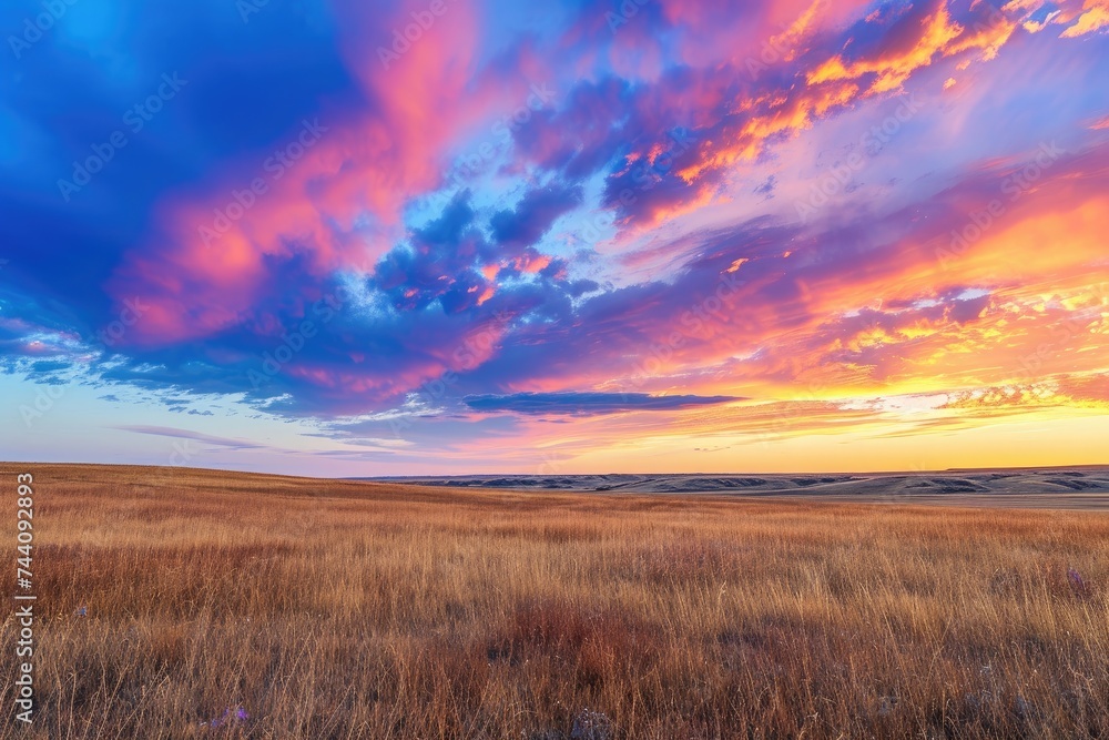 An image of a vast field covered in green grass under a clear blue sky, An open prairie under a colorful sunset, AI Generated