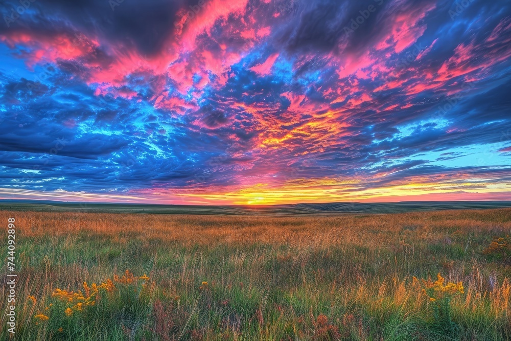 Fototapeta premium A picture of a field with grass and flowers showcasing the natural beauty of the landscape, An open prairie under a colorful sunset, AI Generated