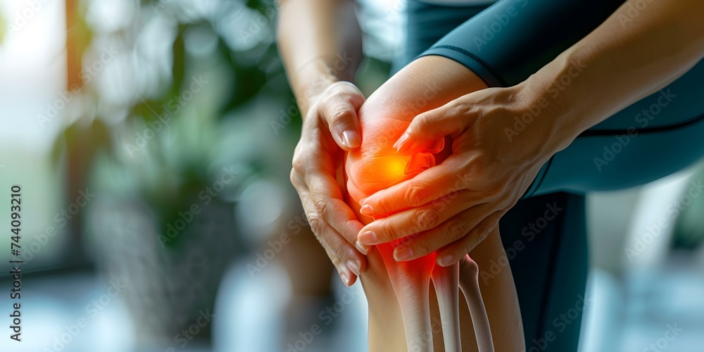 Woman in athletic attire grimaces while holding inflamed knee joint highlighted. Concept Physical Therapy, Knee Injury, Sports Medicine, Pain Management, Exercise Rehabilitation - obrazy, fototapety, plakaty 