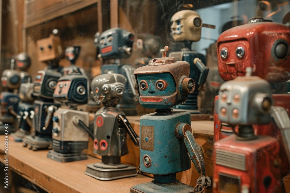 Several robot figurines neatly arranged on a wooden shelf, creating a unique display, Antique robots displayed in a robotics museum, AI Generated