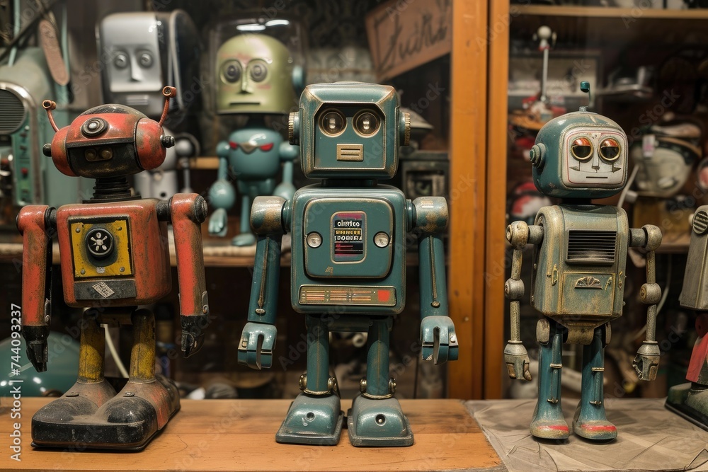 Several robot figurines are sitting together on top of a sturdy wooden table, Antique robots displayed in a robotics museum, AI Generated