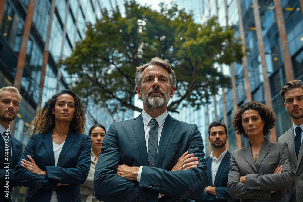 A diverse group of formally dressed individuals pose with smiles in front of a grand building, exuding confidence and professionalism A diverse group of formally dressed individuals pose with smiles in front of a grand building, exuding confidence and professionalism