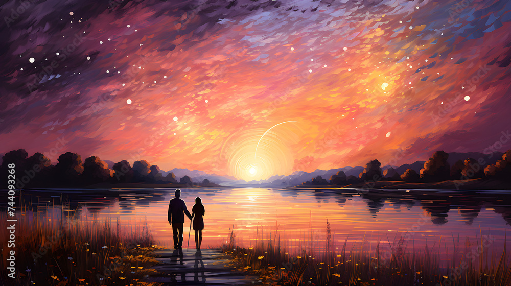 Fototapeta premium silhouetted young couple watching sunset in the field