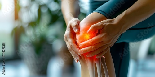 Woman in athletic attire grimaces while holding inflamed knee joint highlighted. Concept Physical Therapy, Knee Injury, Sports Medicine, Pain Management, Exercise Rehabilitation