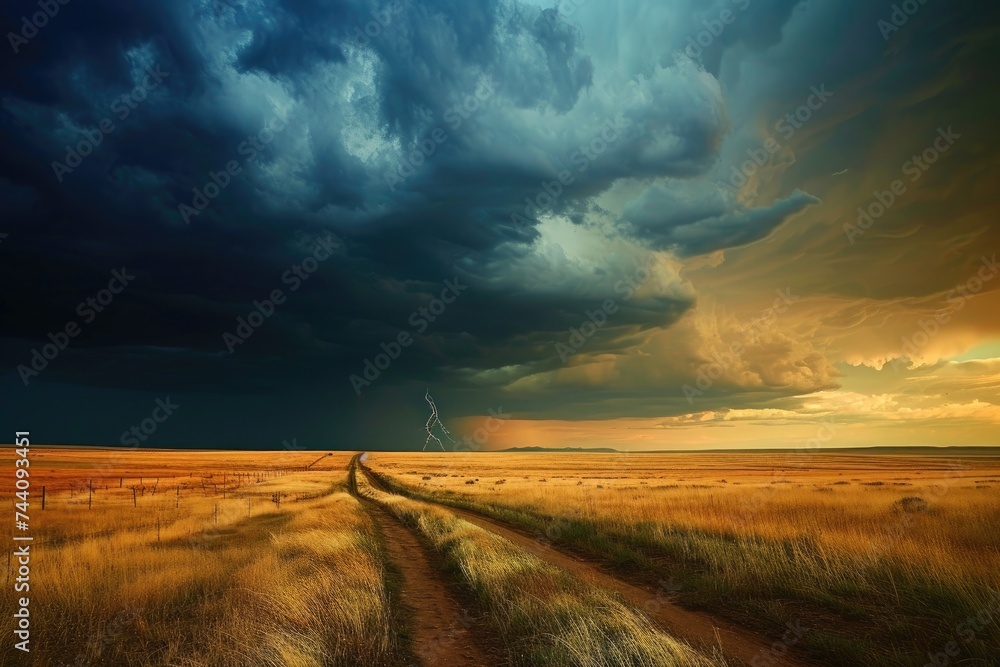 A dirt road cuts through a vast field as dark clouds fill the sky above, Oncoming storm over an open field, AI Generated
