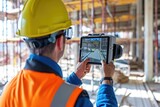 A man wearing a hard hat securely holds a tablet while on a construction site, Augmented reality (AR) used for visualizing and improving construction projects, AI Generated