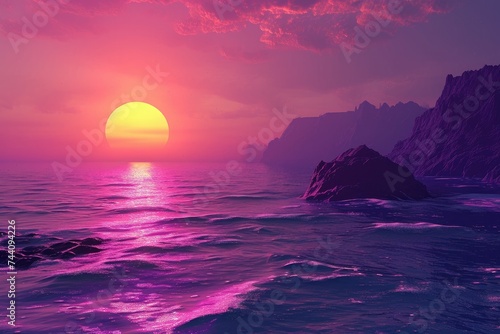 The sun is setting, casting a warm golden light over the waves crashing onto the rocky shoreline, Otherworldly sunset over an alien ocean, AI Generated