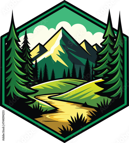 landscape with trees and clouds and mountains, landscape design for t-shirts,  landscape logo, summer camp logo vector, Adventure and outdoor vintage logo template, badge or emblem style photo