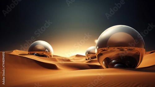 fantasy landscape 3d desert with sand dunes and metal giant spheres. Sunset evening dark sky.  AI generated 4k video footage photo