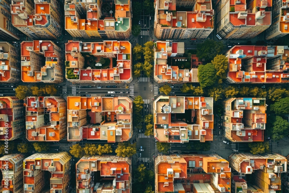 This aerial photograph showcases the vibrant cityscape of a bustling urban area, featuring a multitude of tall buildings, Overhead view of the urban grid of Barcelona, AI Generated
