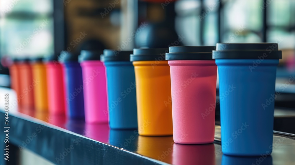 Row of Colorful Reusable Coffee Cups on Cafe Counter Row of Colorful Reusable Coffee Cups on Cafe Counter