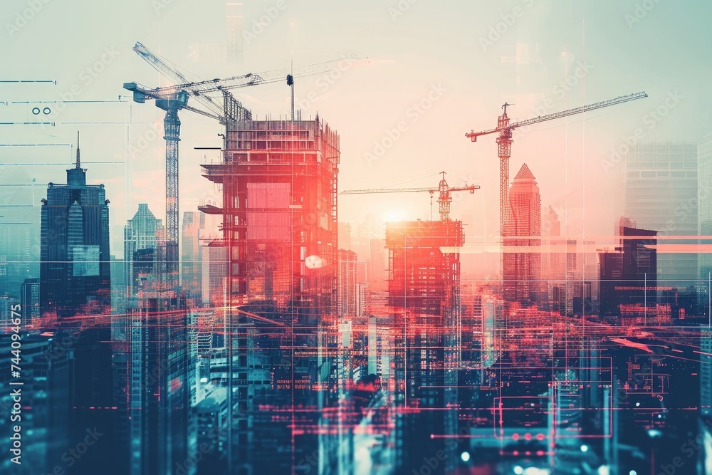 A photo featuring a city skyline with towering cranes and various buildings in the background, Overlay of a future cityscape construction project with relevant engineering plans, AI Generated - obrazy, fototapety, plakaty 