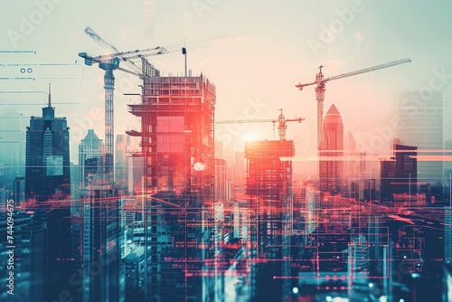 A photo featuring a city skyline with towering cranes and various buildings in the background, Overlay of a future cityscape construction project with relevant engineering plans, AI Generated
