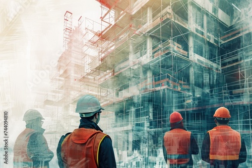 Several individuals pose in front of a building that is currently being constructed, Overlay of engineers at work and the future building in progress, AI Generated