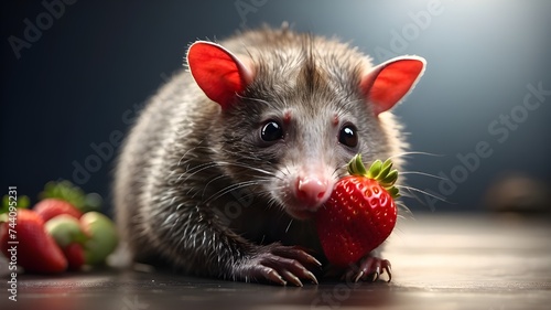 a small mouse eating strawberry, the Virginia opossum, A happy possum in a studio portrait by didelphis virginian exotic wild animal photo