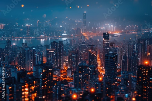 A photo capturing the lively cityscape at night  showcasing the numerous brightly lit skyscrapers and bustling streets  Panoramic view of a cityscape bursting with lights after dark  AI Generated