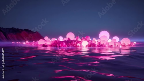 Dark night sea with floating pink neon luminous spheres on surface of water. surrealism, simultaneously an aesthetic of sea neon waves.  Generative AI 4k video footage.  photo