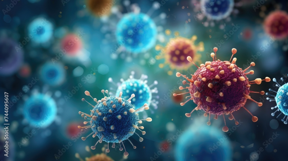 Fototapeta premium Digital illustration of virus particles in high detail, showcasing spikes on the viral envelope with a dramatic, dark background.