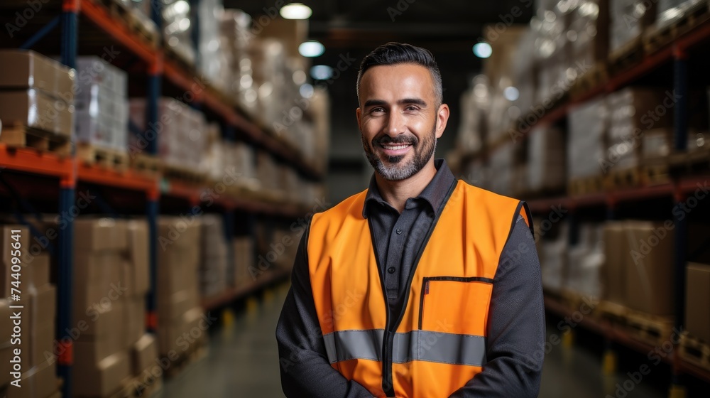 Portrait of a happy worker standing in warehouse distribution center. Portrait of a happy worker standing in warehouse distribution center.