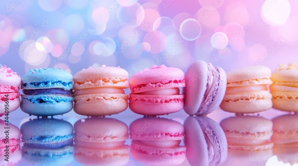 Obraz premium Exquisite macarons adorned with delicate sugar pearls, displayed against a dreamy pink and blue bokeh background, embodying a sense of luxury and sweetness.