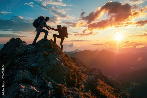 Adventurous Couple Standing on Snowy Mountain Peak, Partners on a mountain trail, one standing by to help the other reach the summit, AI Generated