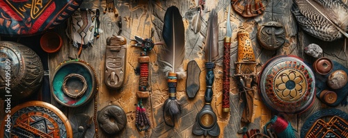 Close up of a Red Indian shamans tools sacred objects laid out for a spiritual ceremony