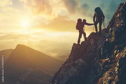Adventurous Couple Standing on Mount Everest Summit  Partners on a mountain trail  one standing by to help the other reach the summit  AI Generated