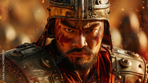 Close up of a Three Kingdoms warrior armor gleaming ready for battle determination in his eyes photo