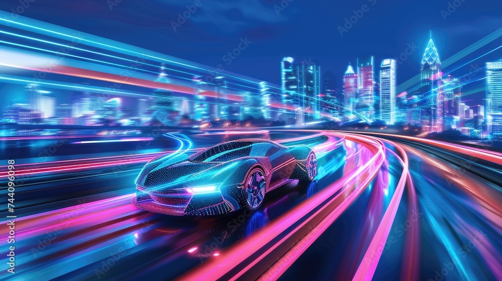 Fototapeta premium Sleek cyber city with neon lights and autonomous cars under a digital sky Energy pulses through the architecture