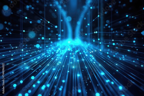 An image of a blue abstract background featuring intersecting lines and scattered dots, Background showcasing broadband and wireless internet technology, AI Generated