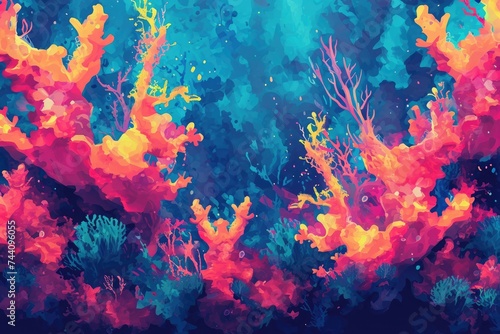 A painting featuring various corals and algaes set against a vibrant blue background, Background with an abstract interpretation of a coral reef, AI Generated